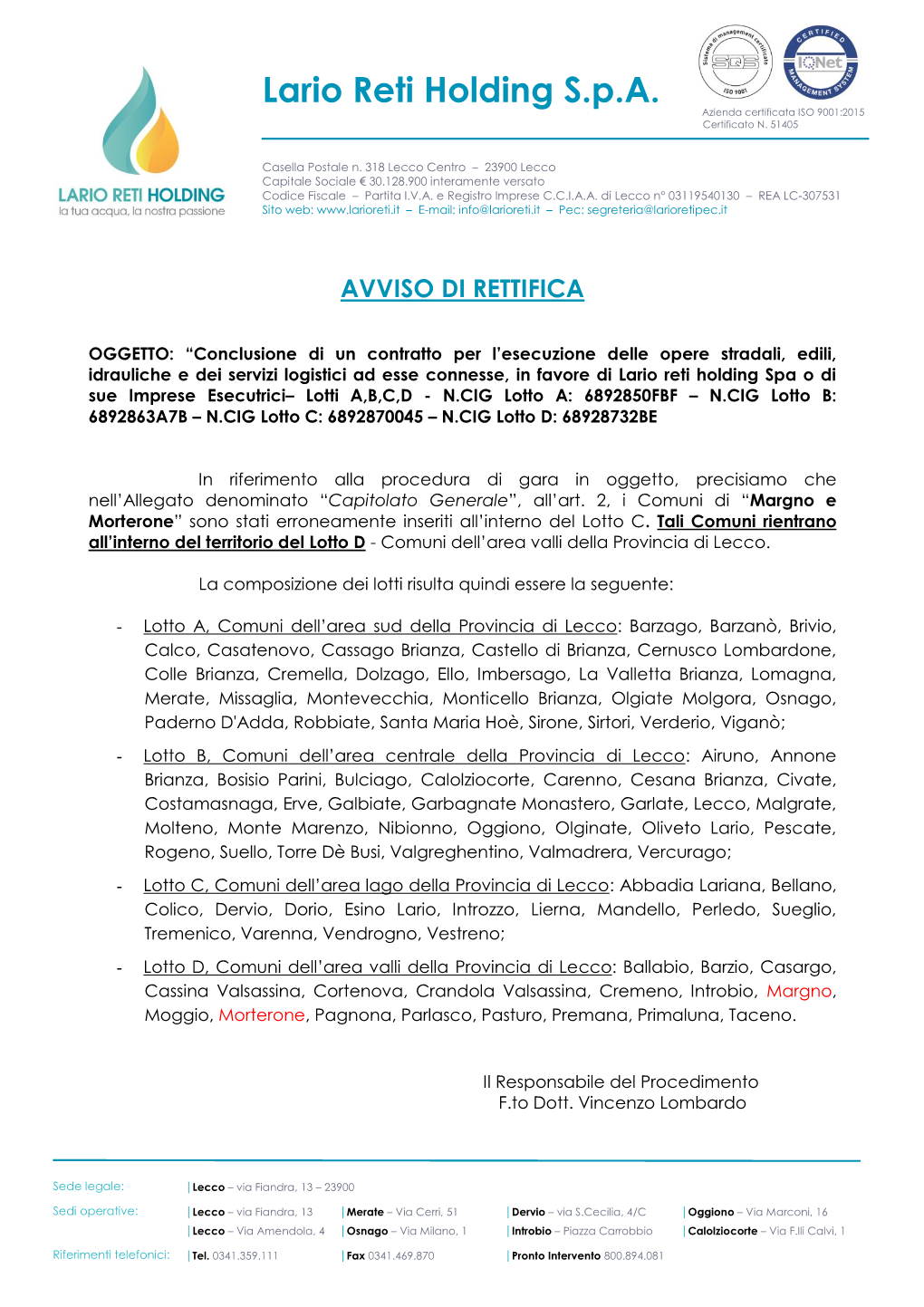 Lario Reti Holding S.P.A. Azienda Certificata ISO 9001:2015 Certificato N