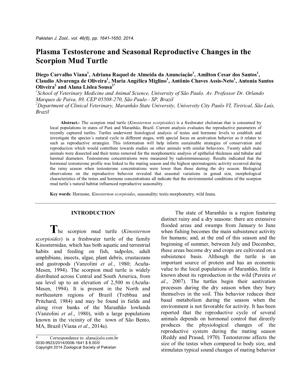 Plasma Testosterone and Seasonal Reproductive Changes in the Scorpion Mud Turtle