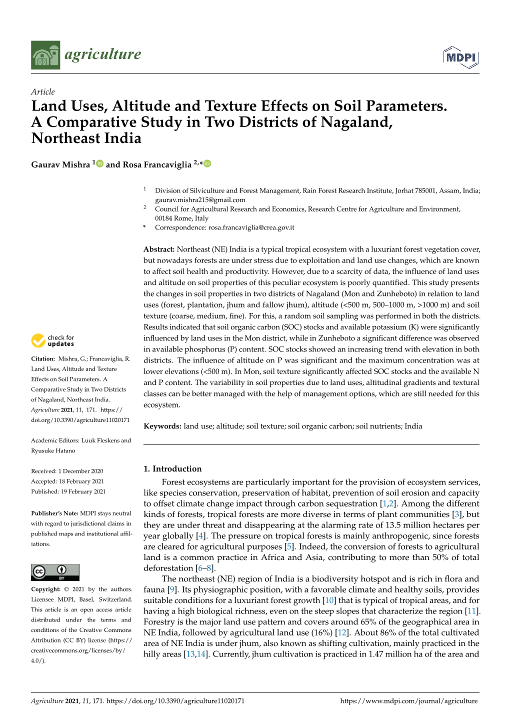 Land Uses, Altitude and Texture Effects on Soil Parameters. a Comparative Study in Two Districts of Nagaland, Northeast India
