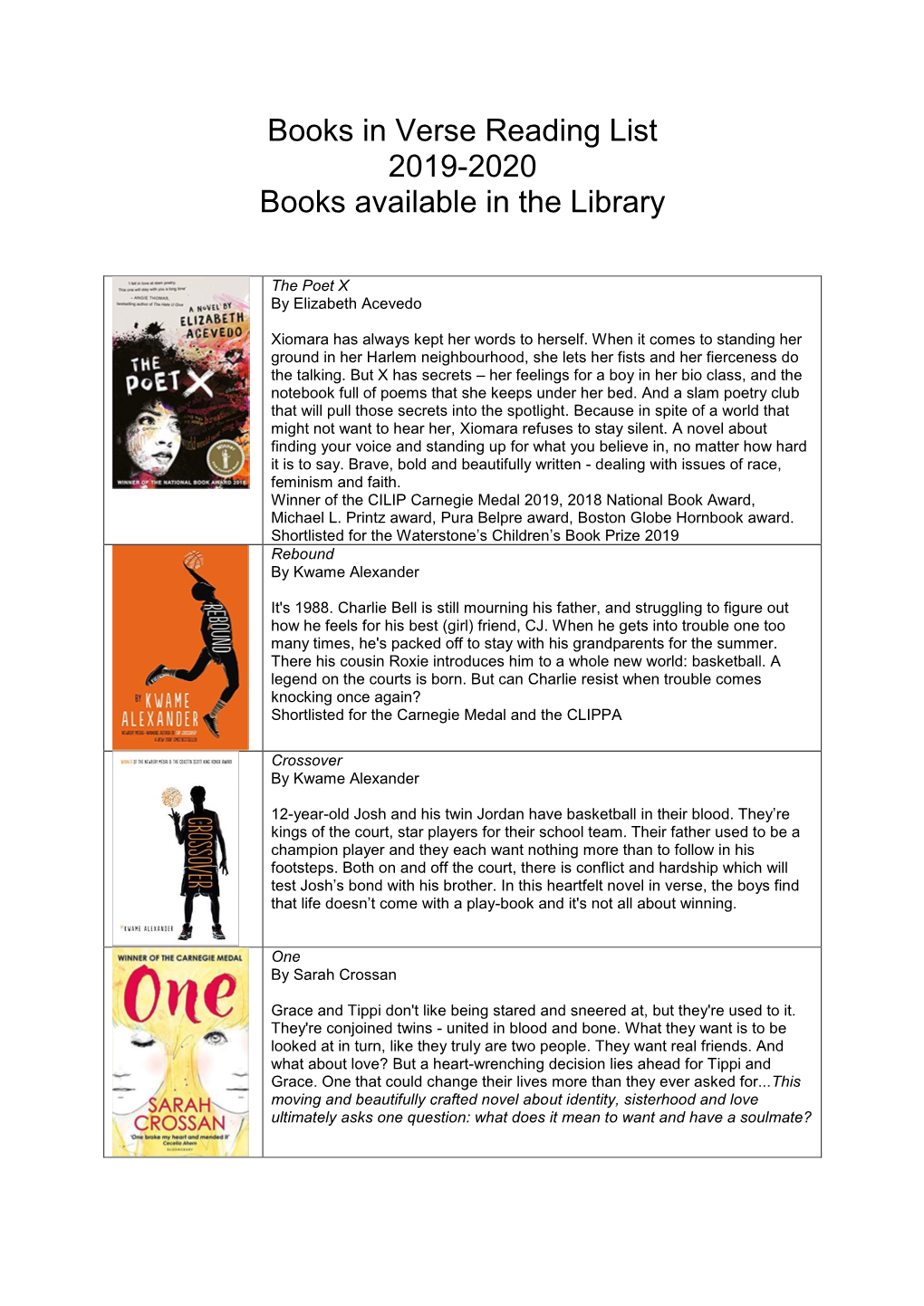 Books in Verse Reading List 2019-2020 Books Available in the Library