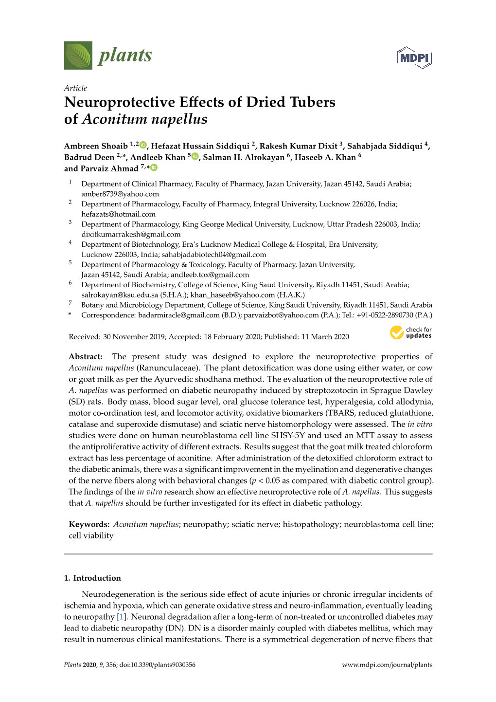 Neuroprotective Effects of Dried Tubers of Aconitum Napellus