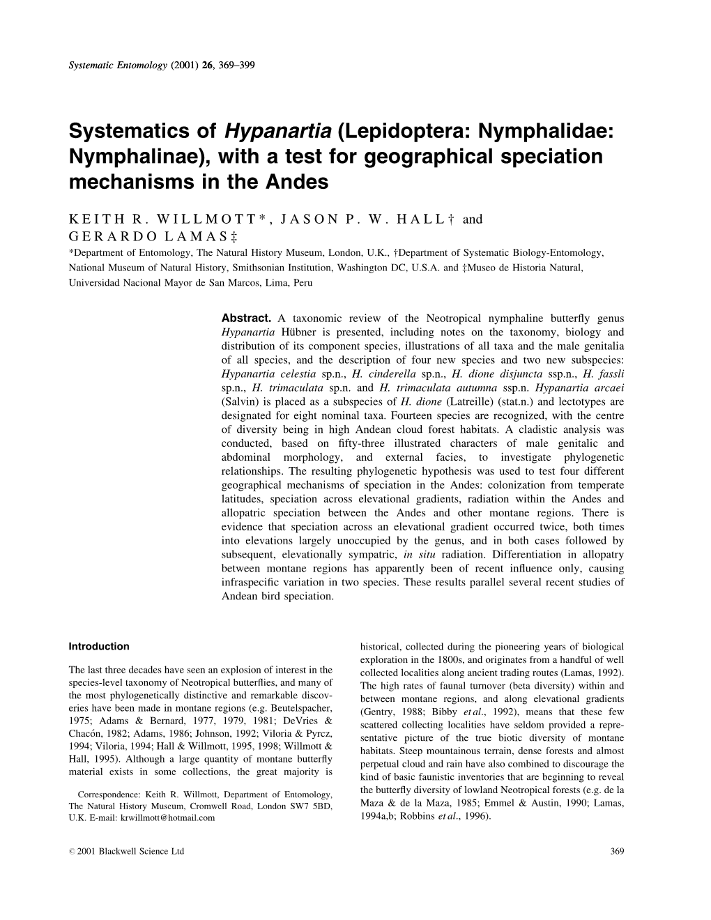 Lepidoptera: Nymphalidae: Nymphalinae), with a Test for Geographical Speciation Mechanisms in the Andes