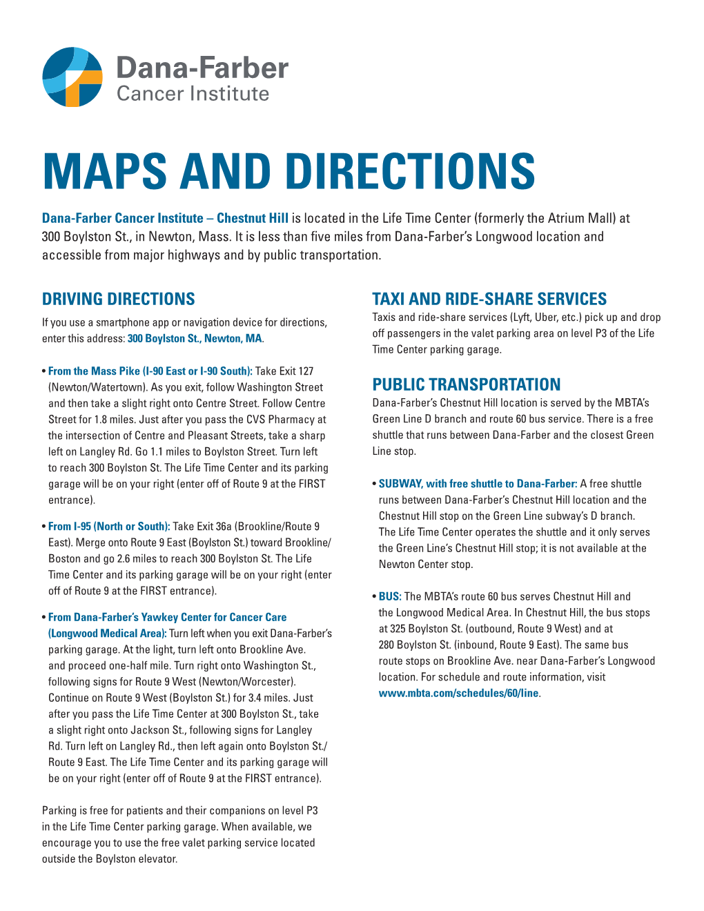 Dana-Farber Chestnut Hill Map and Directions