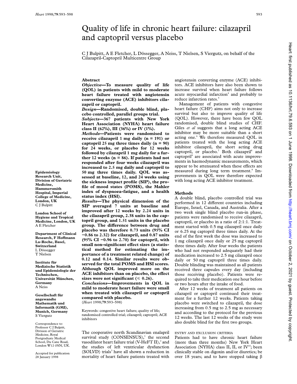 Quality of Life in Chronic Heart Failure: Cilazapril and Captopril Versus Placebo Heart: First Published As 10.1136/Hrt.79.6.593 on 1 June 1998