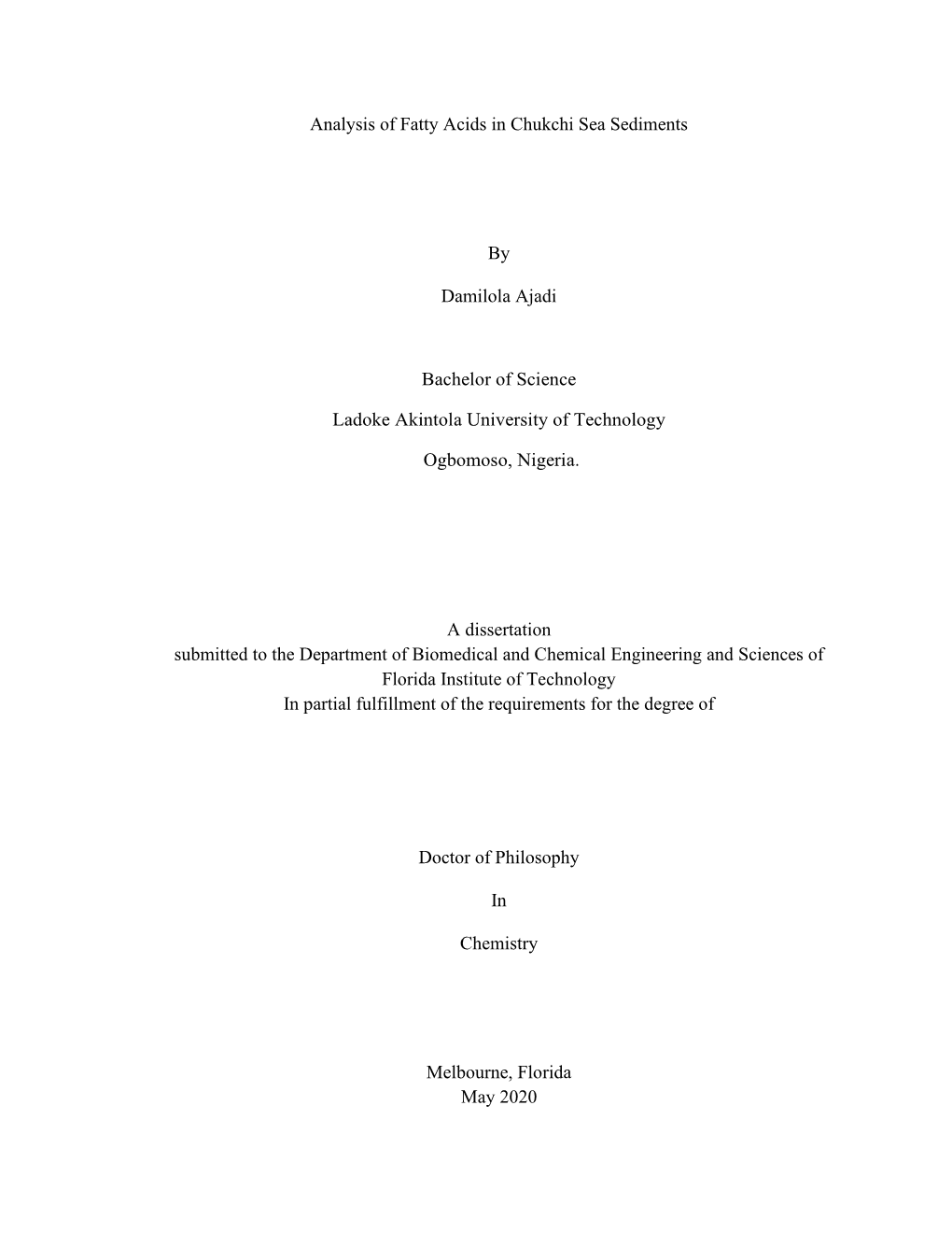 Analysis of Fatty Acids in Chukchi Sea Sediments by Damilola Ajadi