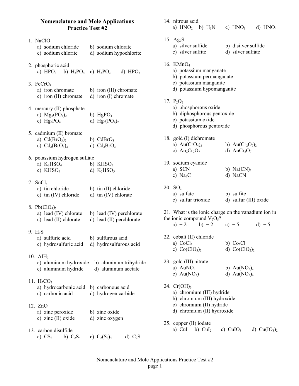 CHEMICAL FORMULAS and COMPOUNDS PRACTICE TEST