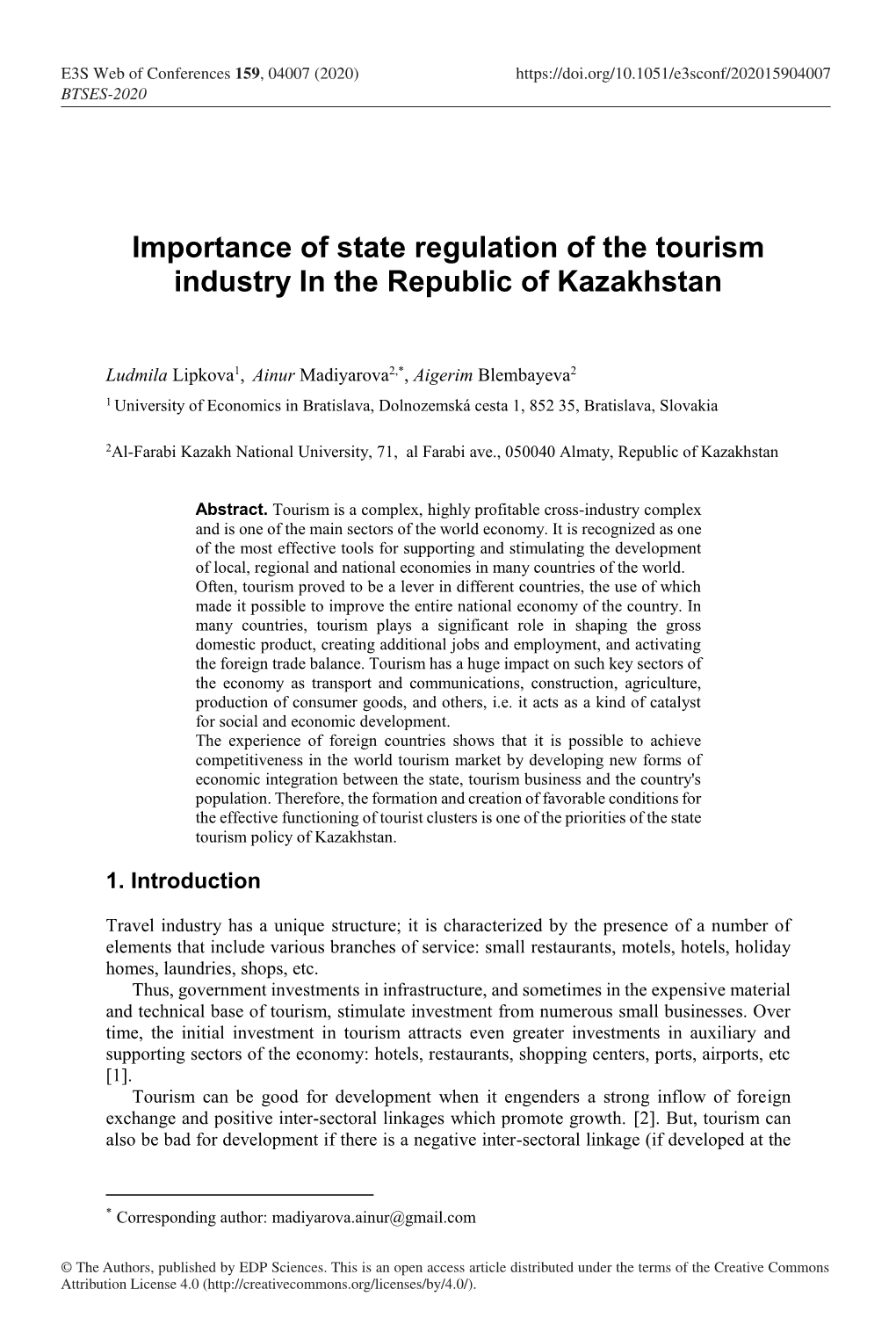 Importance of State Regulation of the Tourism Industry in the Republic of Kazakhstan