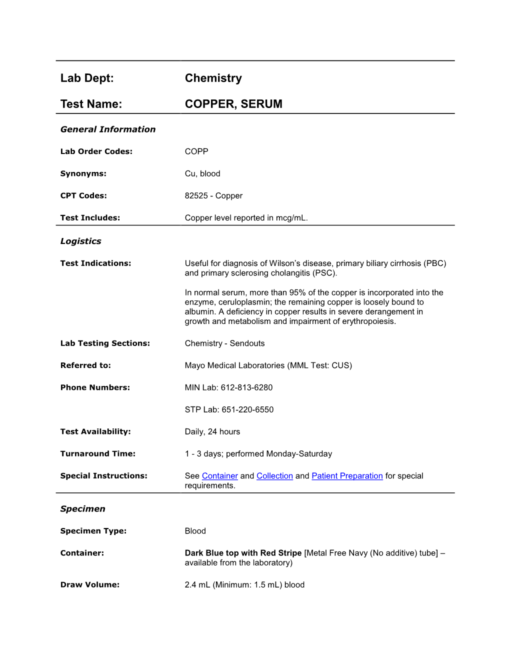 Lab Dept: Chemistry Test Name: COPPER, SERUM