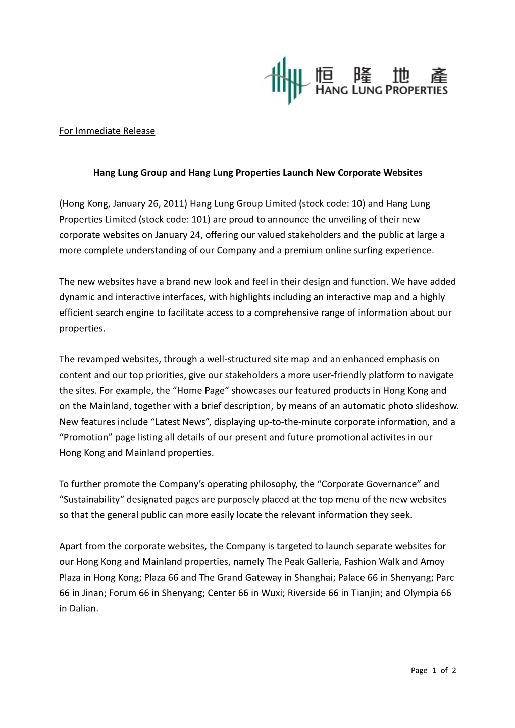 For Immediate Release Hang Lung Group and Hang Lung