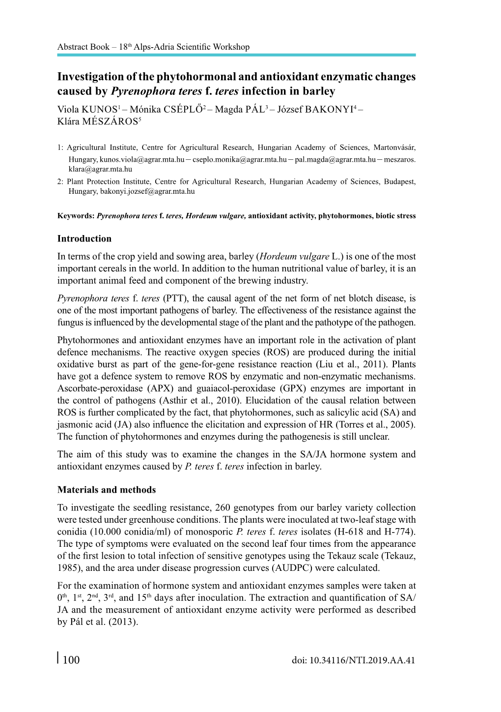 100 Investigation of the Phytohormonal and Antioxidant Enzymatic Changes Caused by Pyrenophora Teres F. Teres Infection in Barle