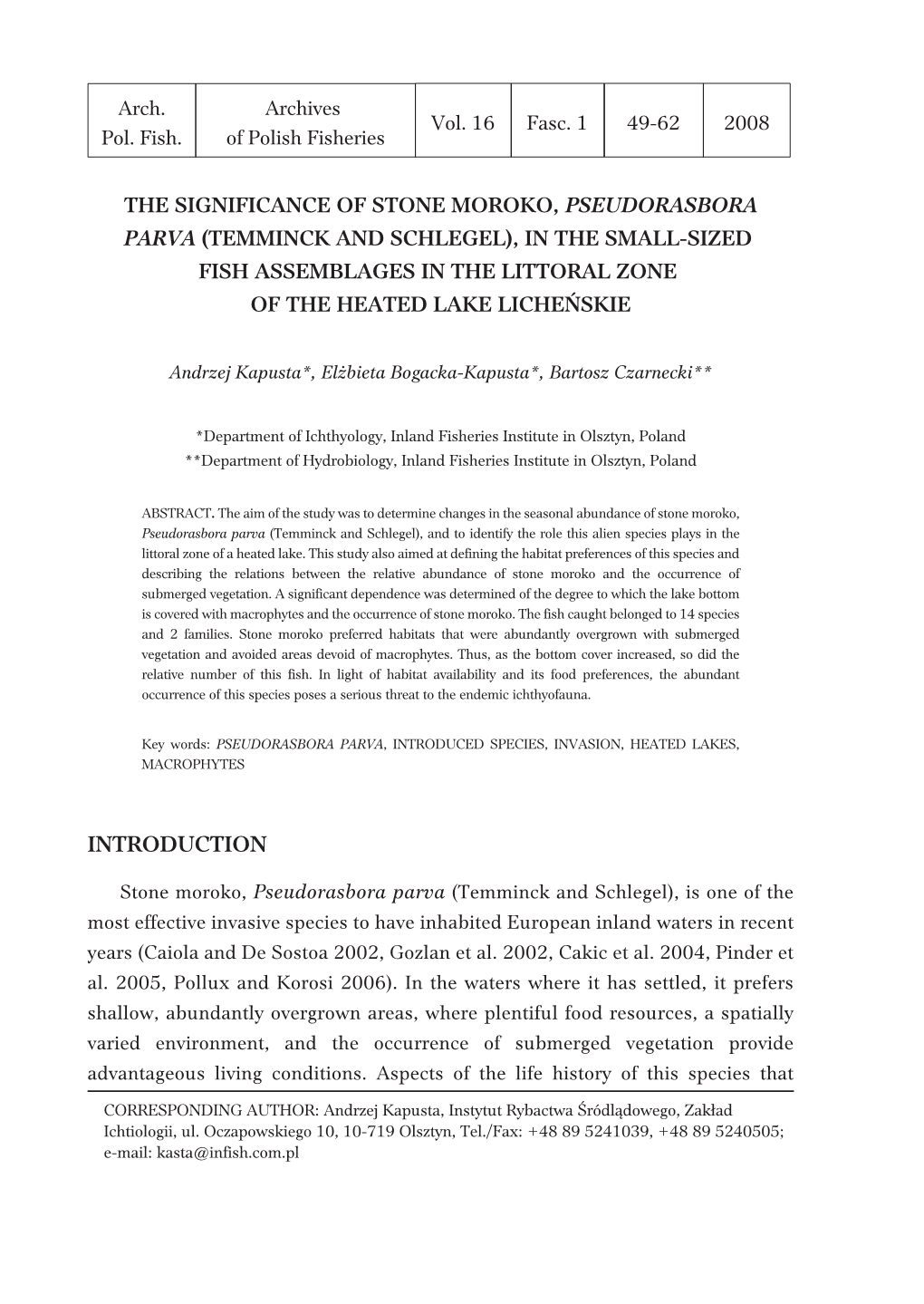 The Significance of Stone Moroko, Pseudorasbora Parva (Temminck and Schlegel), in the Small-Sized Fish Assemblages in the Littoral Zone of the Heated Lake Licheñskie