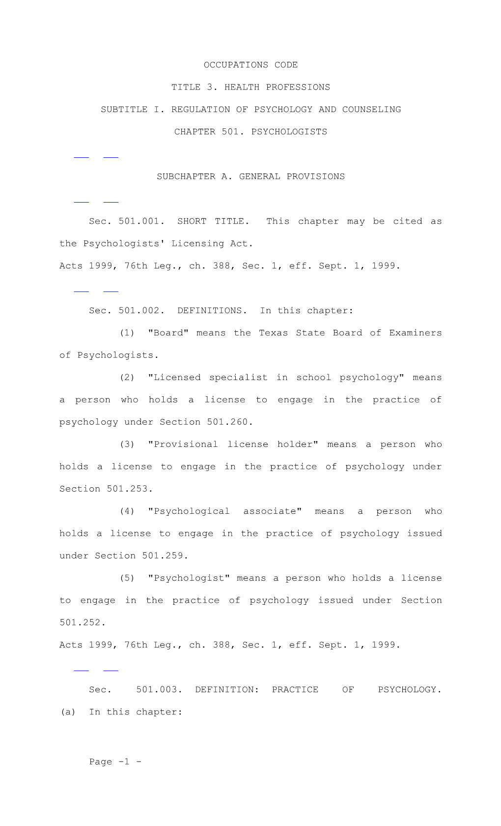 Subtitle I. Regulation of Psychology and Counseling