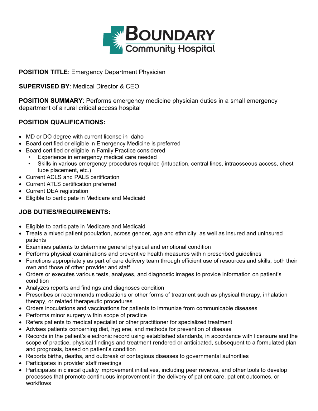 POSITION TITLE: Emergency Department Physician