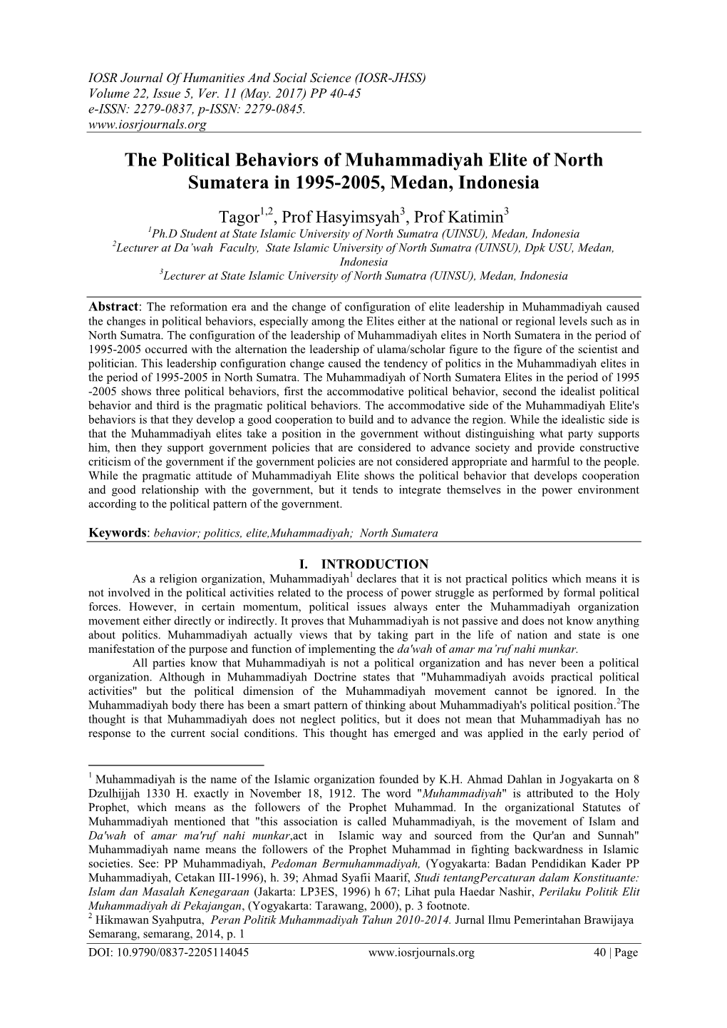 The Political Behaviors of Muhammadiyah Elite of North Sumatera in 1995-2005, Medan, Indonesia