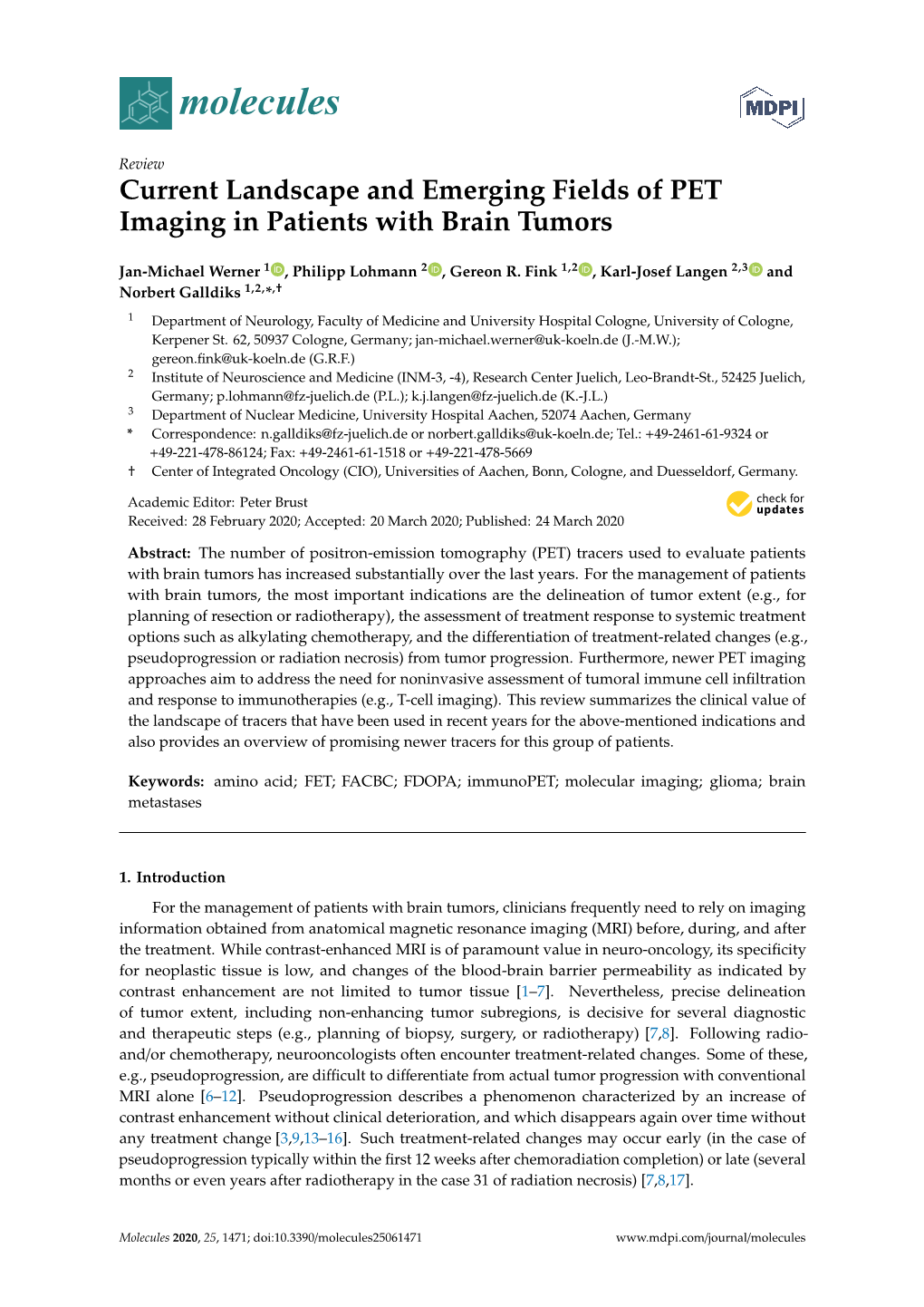 Current Landscape and Emerging Fields of PET Imaging in Patients with Brain Tumors