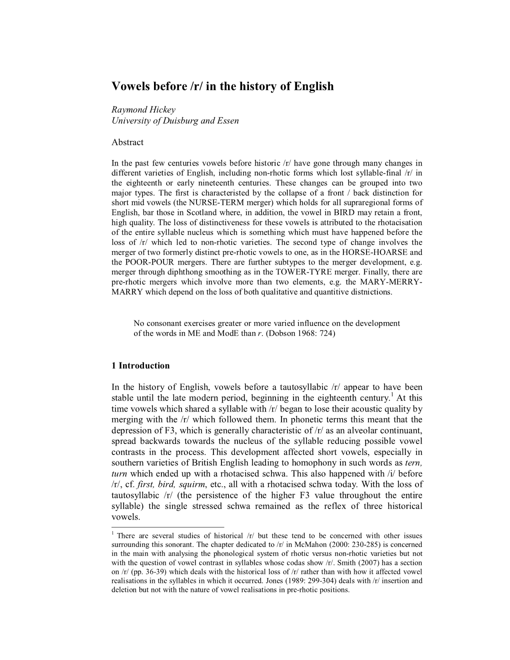 Vowels Before /R/ in the History of English