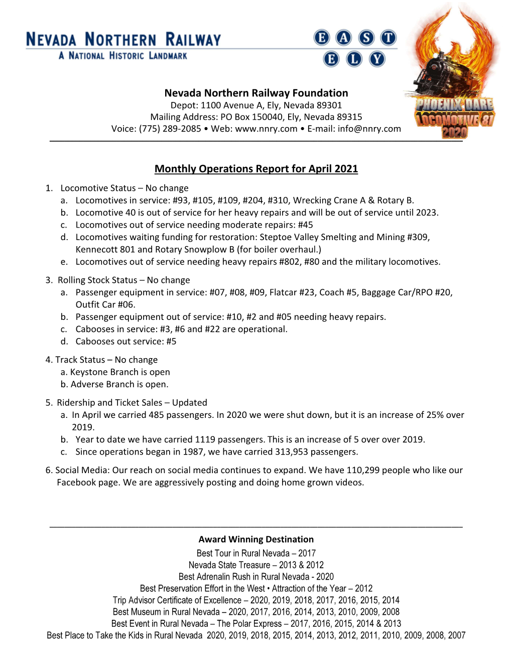 Nevada Northern Railway Foundation Monthly Operations Report for April