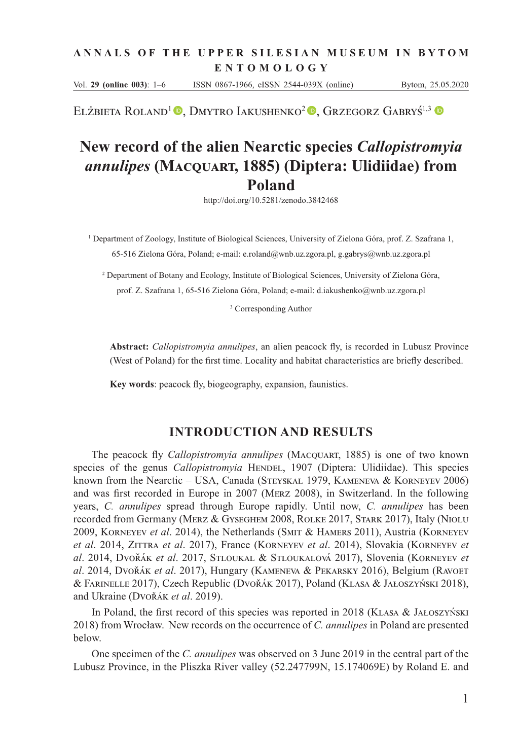 New Record of the Alien Nearctic Species Callopistromyia Annulipes (Macquart, 1885) (Diptera: Ulidiidae) from Poland