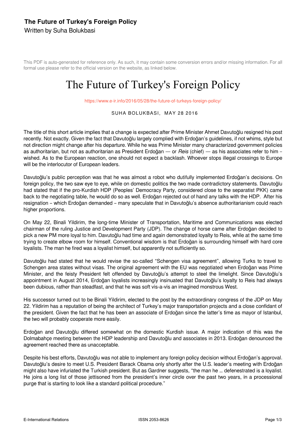 The Future of Turkey's Foreign Policy Written by Suha Bolukbasi
