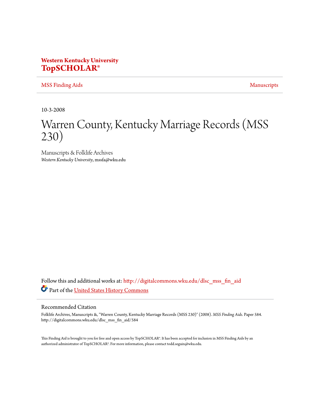 Warren County, Kentucky Marriage Records (MSS 230) Manuscripts & Folklife Archives Western Kentucky University, Mssfa@Wku.Edu