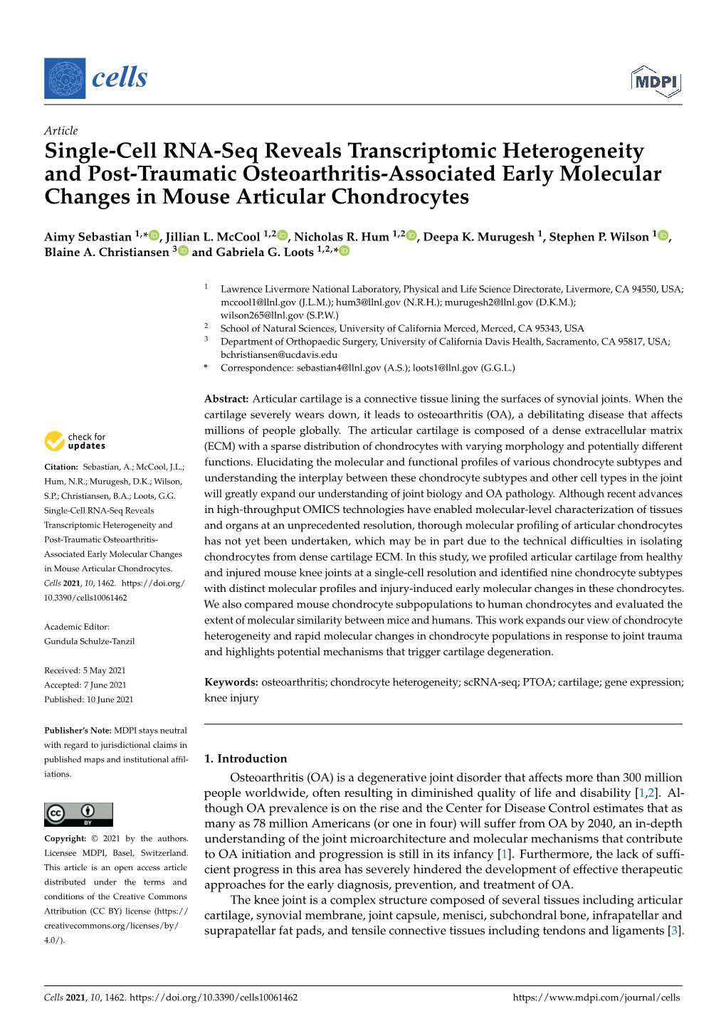 Single-Cell RNA-Seq Reveals Transcriptomic Heterogeneity and Post-Traumatic Osteoarthritis-Associated Early Molecular Changes in Mouse Articular Chondrocytes