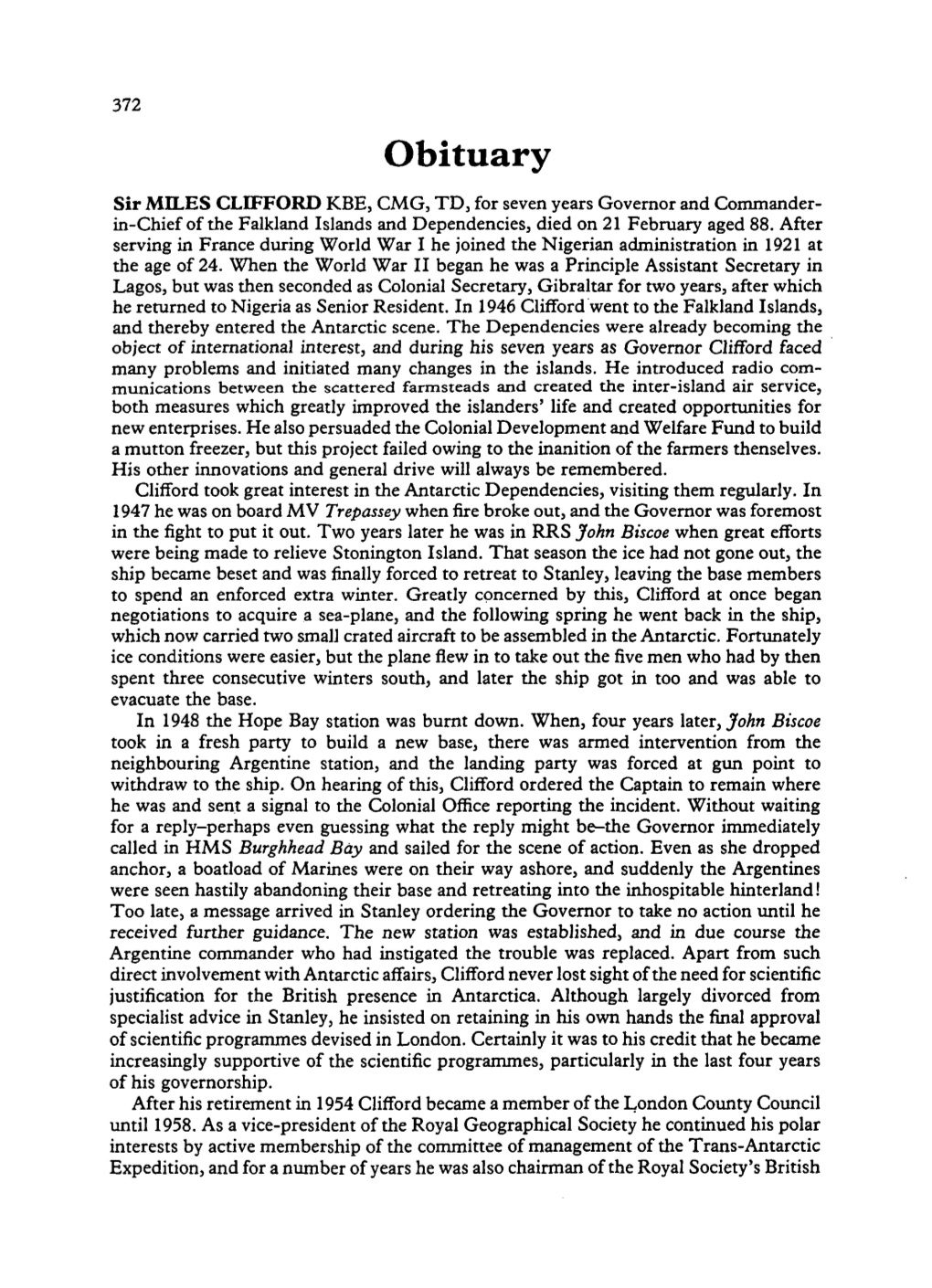 Obituary Sir MILES CLIFFORD KBE, CMG, TD, for Seven Years Governor and Commander- In-Chief of the Falkland Islands and Dependencies, Died on 21 February Aged 88