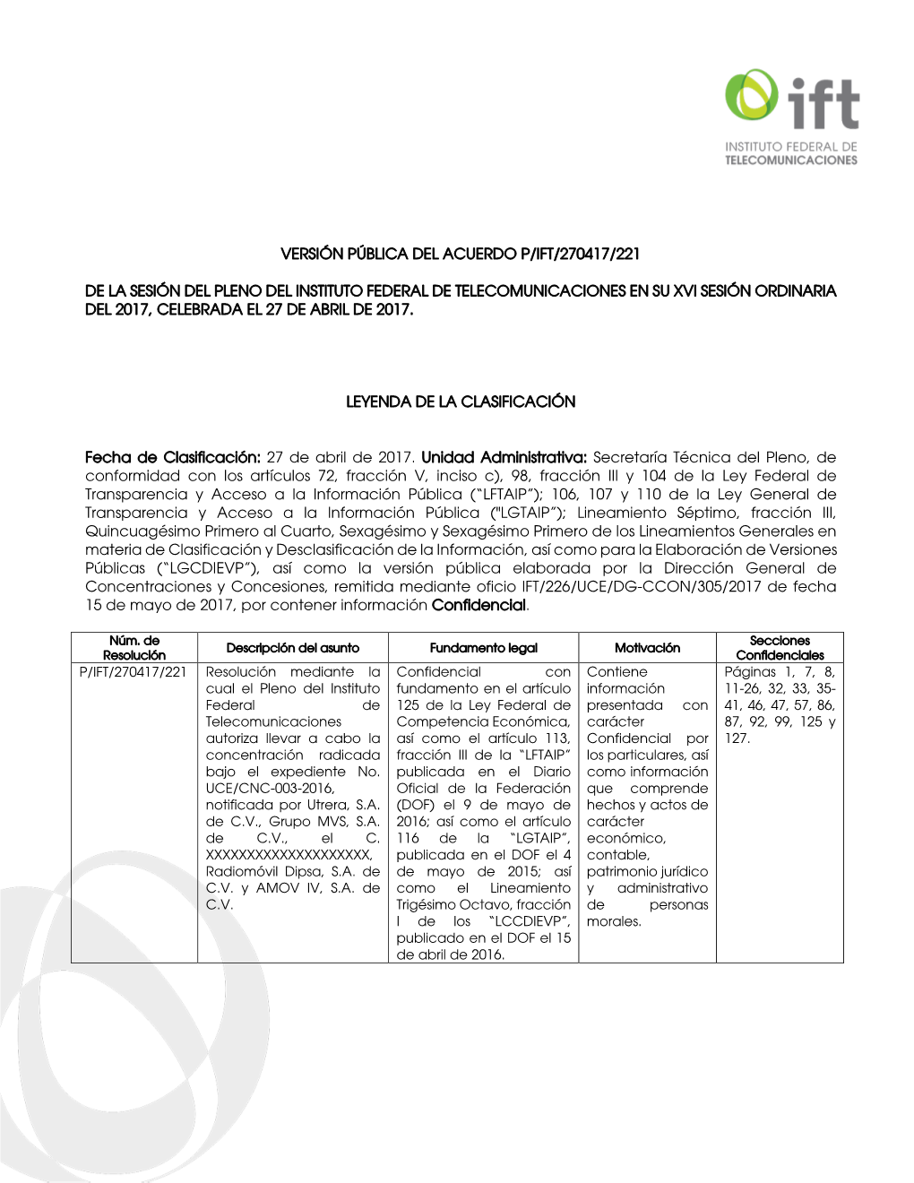 Versión Pública Del Acuerdo P/Ift/270417/221 De La Sesión