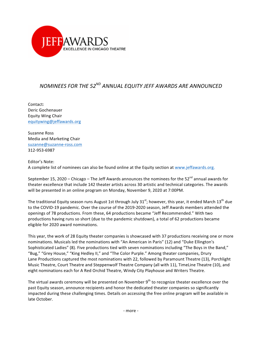 Nominees for the 52Nd Annual Equity Jeff Awards Are Announced