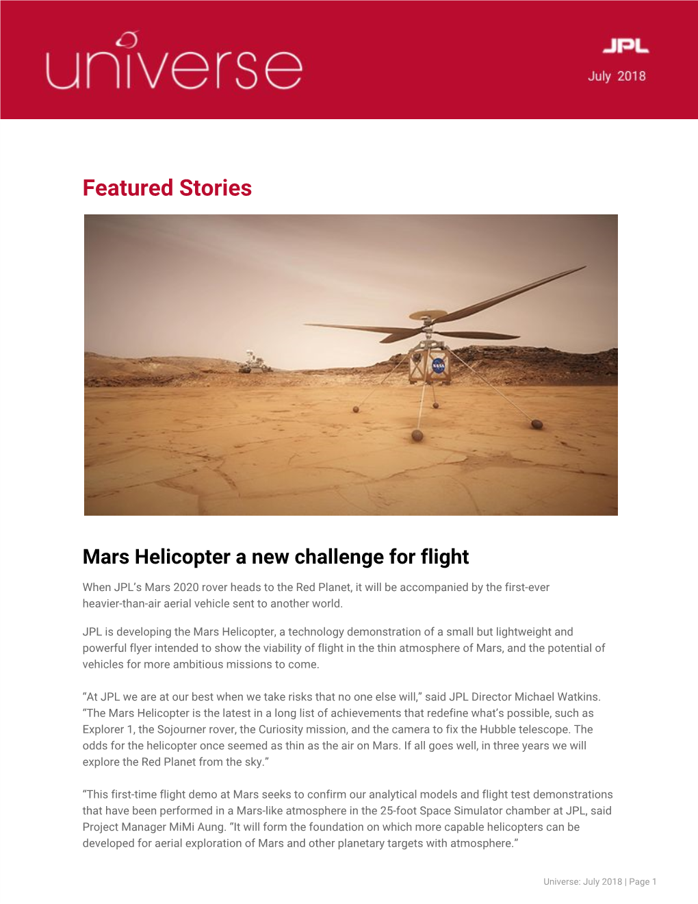 Mars Helicopter a New Challenge for Flight