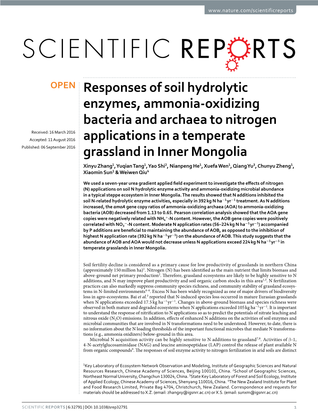 Responses of Soil Hydrolytic Enzymes, Ammonia-Oxidizing Bacteria and Archaea to Nitrogen Applications in a Temperate Grassland in Inner Mongolia