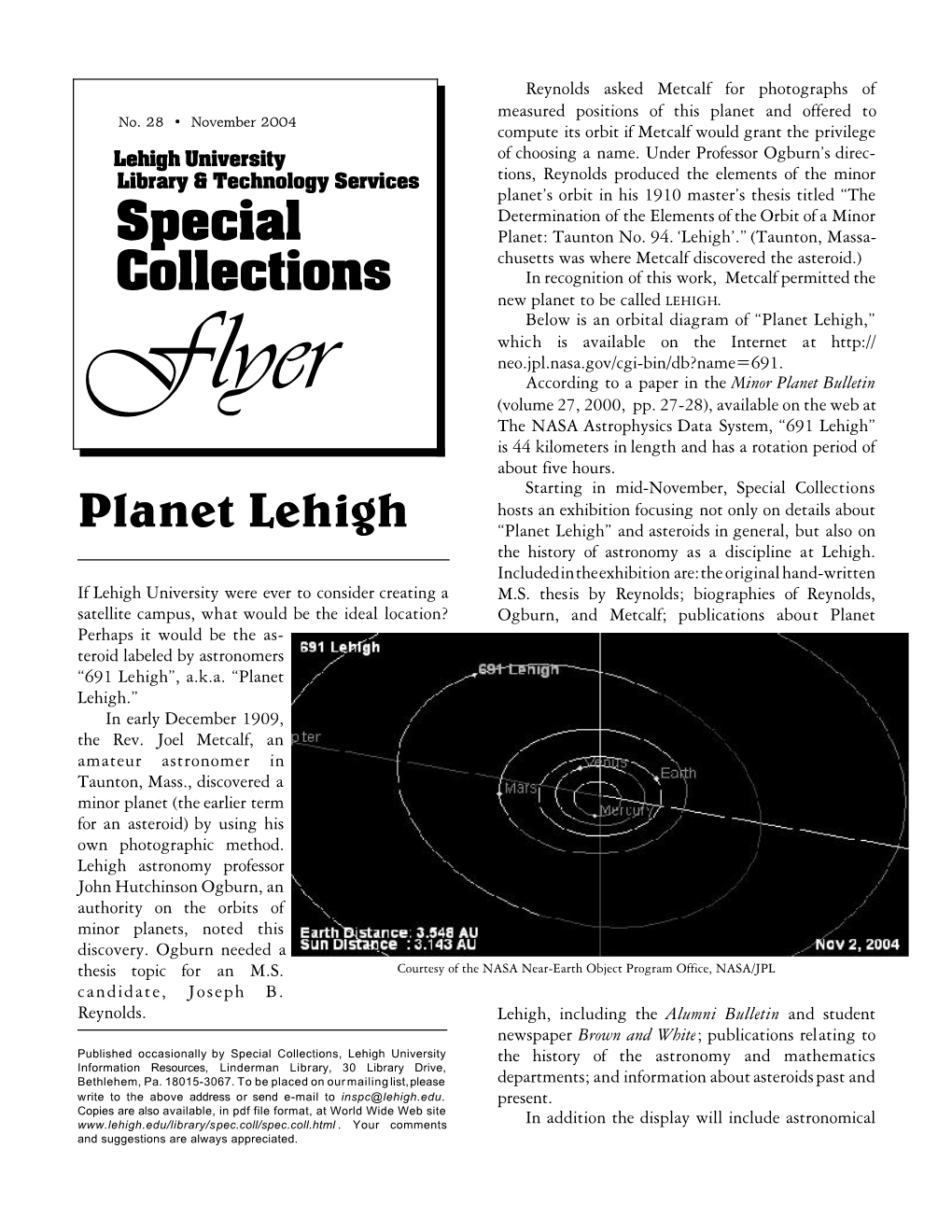 Planet Lehigh,” Which Is Available on the Internet at Neo.Jpl.Nasa.Gov/Cgi-Bin/Db?Name=691