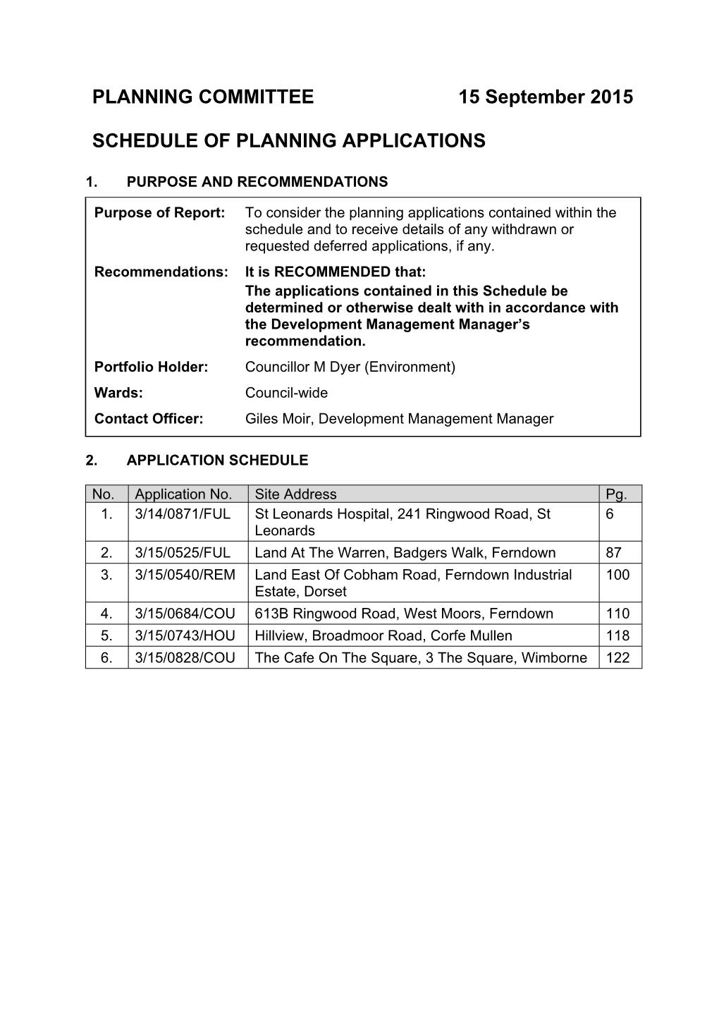 PLANNING COMMITTEE 15 September 2015 SCHEDULE OF