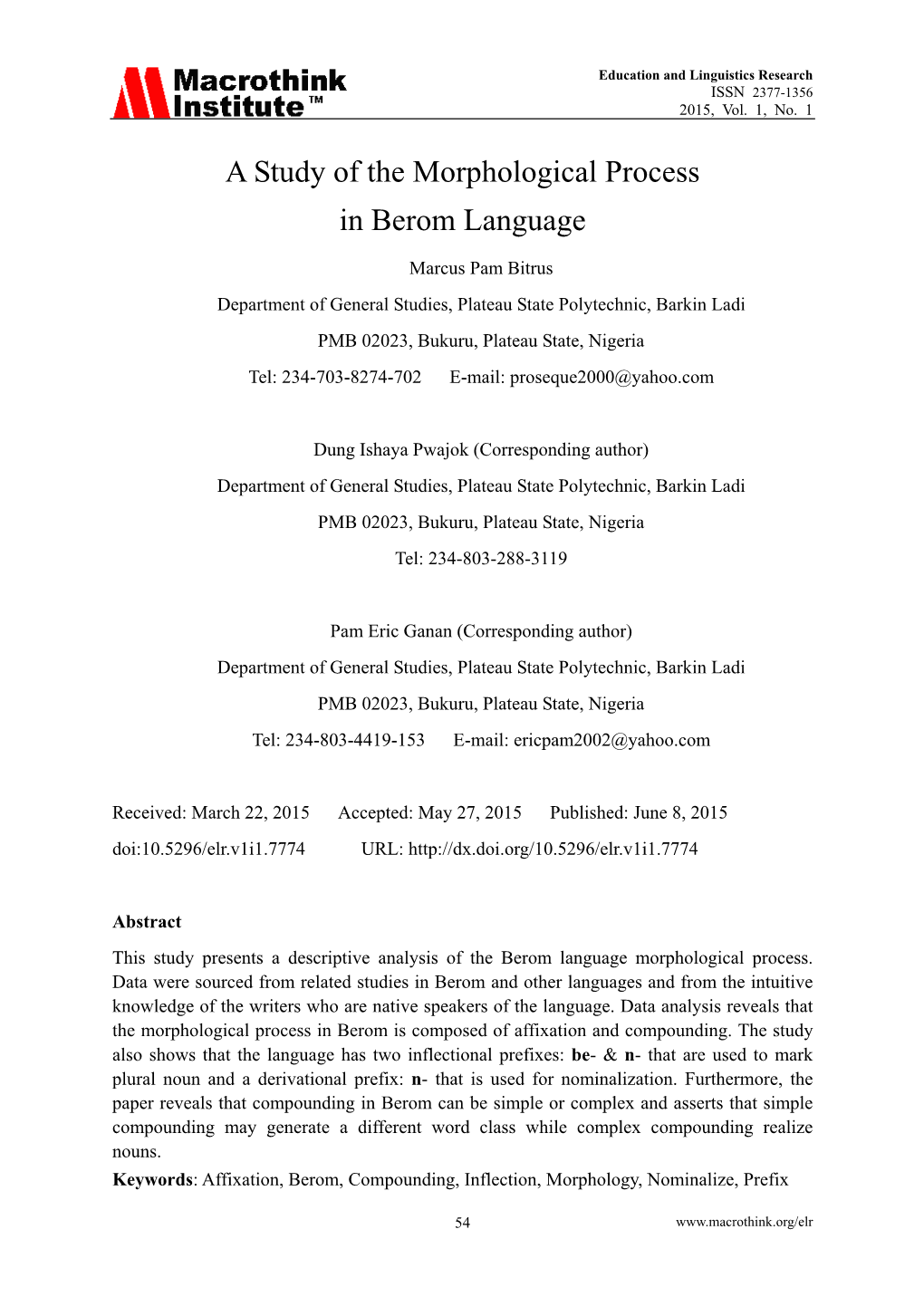 A Study of the Morphological Process in Berom Language