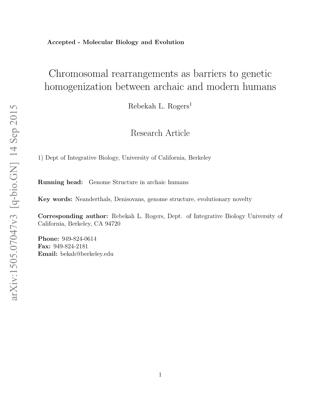 Chromosomal Rearrangements As Barriers to Genetic Homogenization Between Archaic and Modern Humans