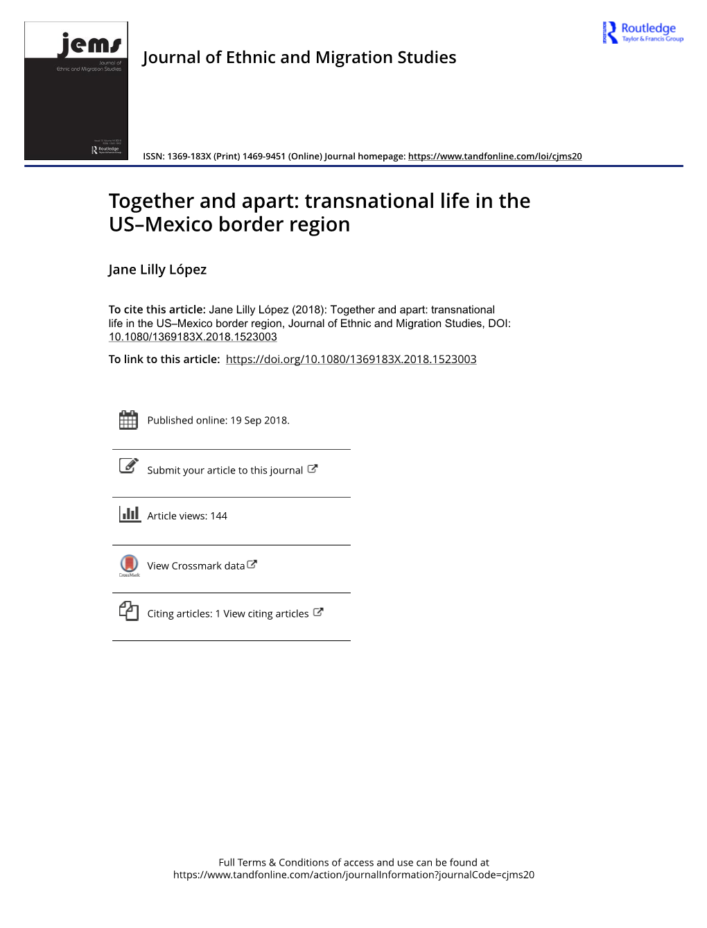 Together and Apart: Transnational Life in the US–Mexico Border Region