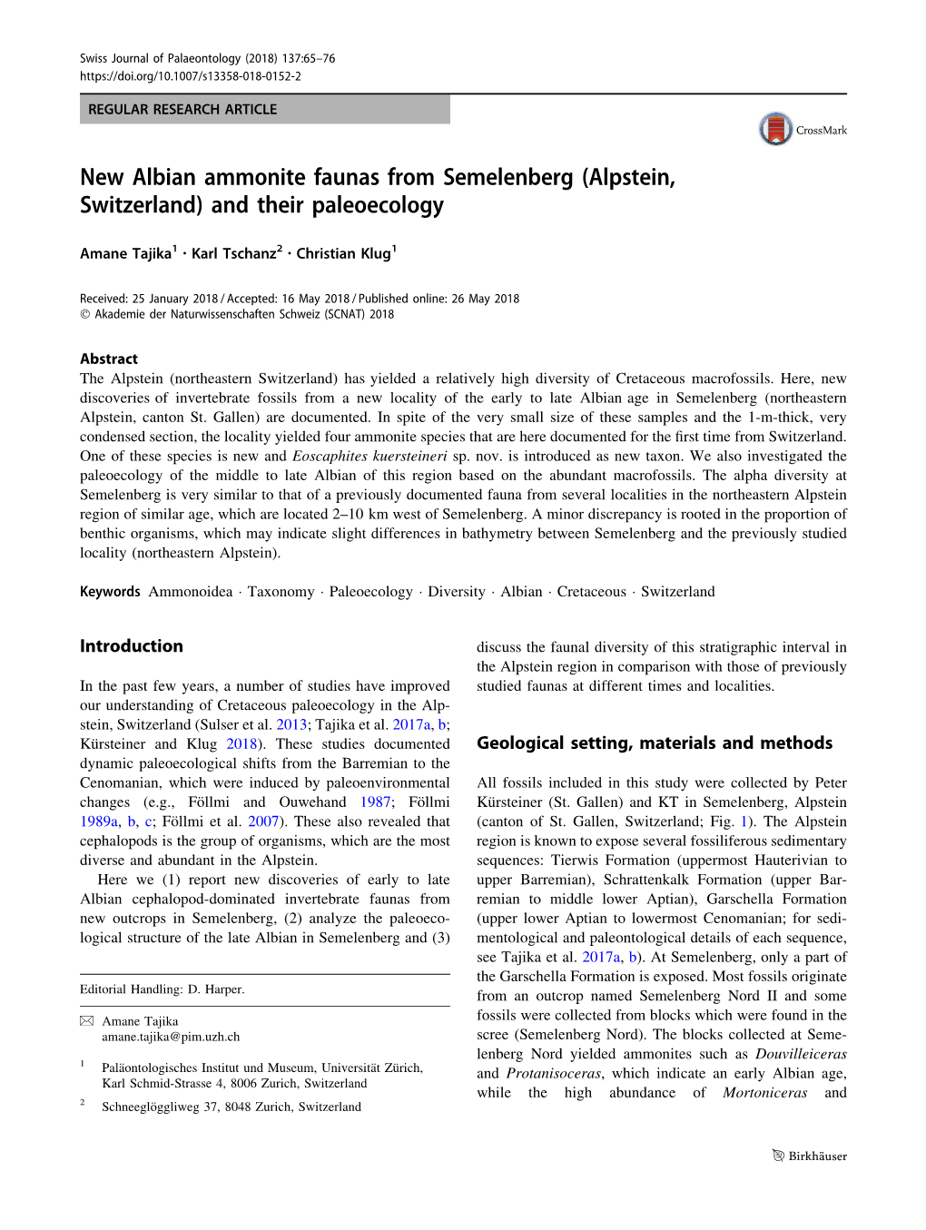 New Albian Ammonite Faunas from Semelenberg (Alpstein, Switzerland) and Their Paleoecology