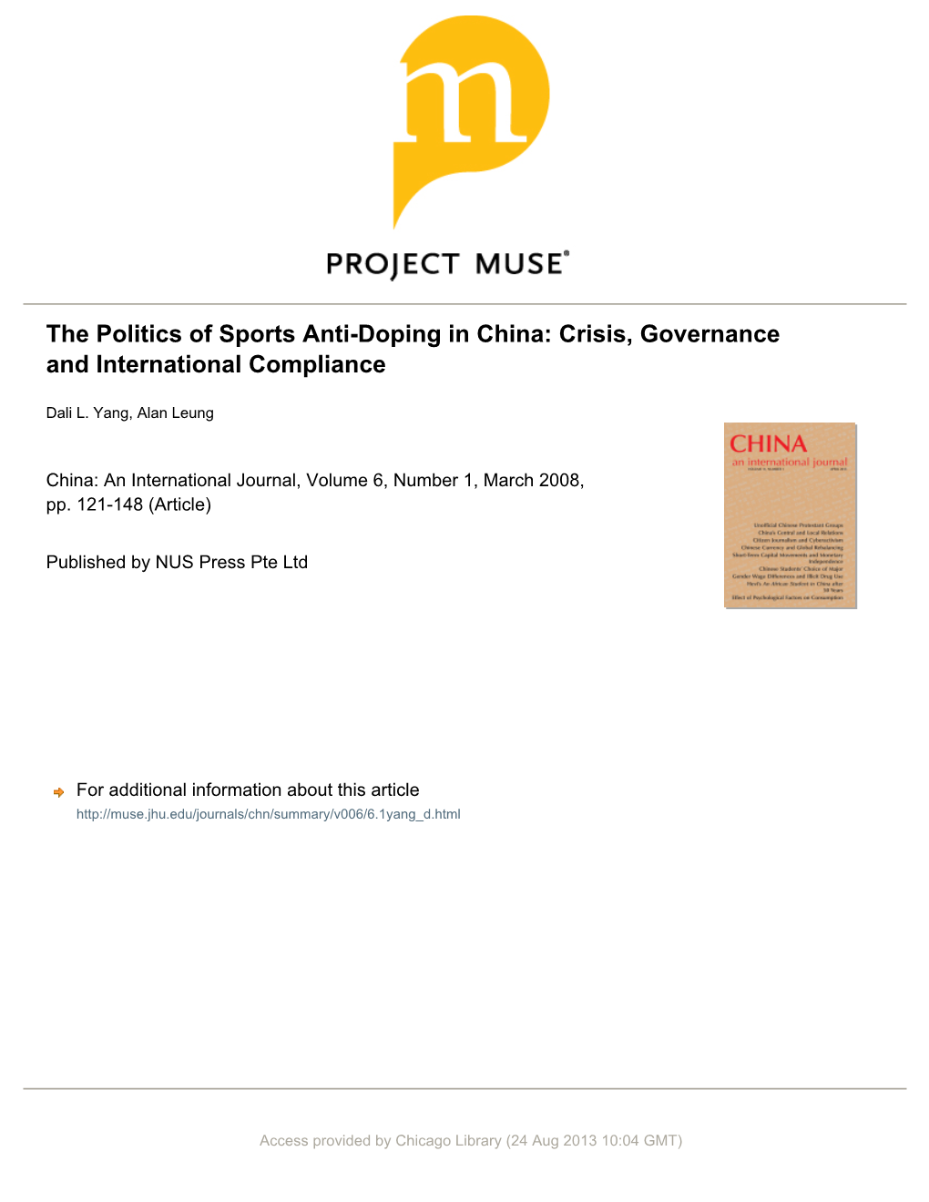 The Politics of Sports Anti-Doping in China: Crisis, Governance and International Compliance