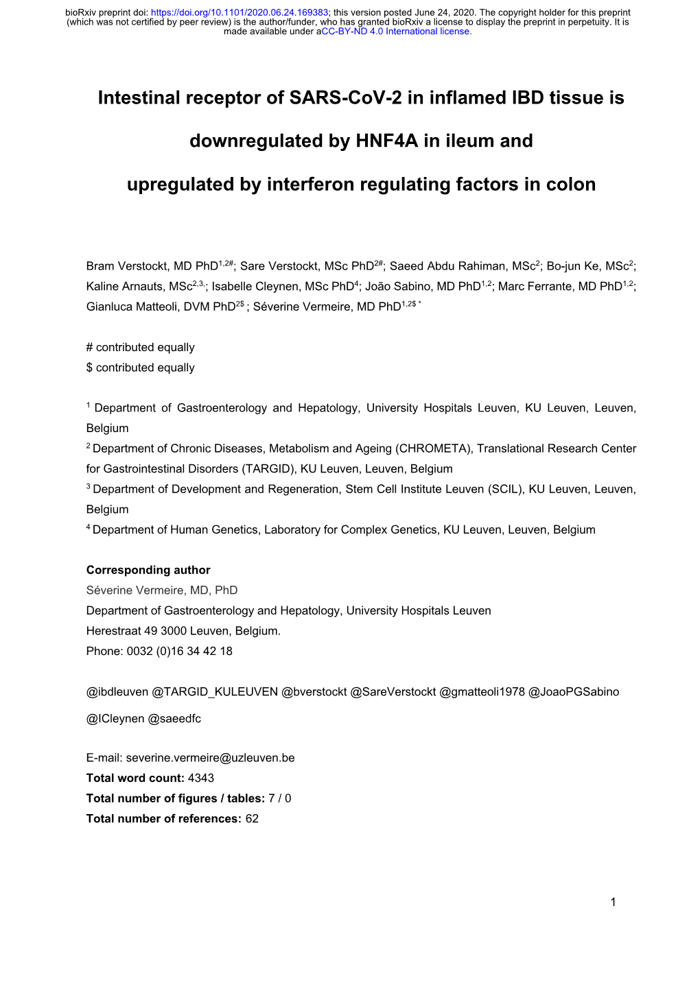 Intestinal Receptor of SARS-Cov-2 in Inflamed IBD Tissue Is