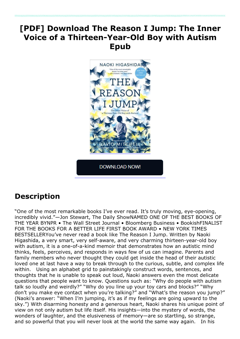 [PDF] Download the Reason I Jump: the Inner Voice of a Thirteen-Year-Old Boy with Autism Epub