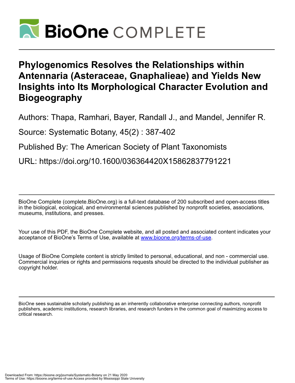 Phylogenomics Resolves the Relationships Within Antennaria