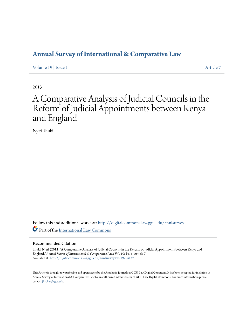 A Comparative Analysis of Judicial Councils in the Reform of Judicial Appointments Between Kenya and England Njeri Thuki