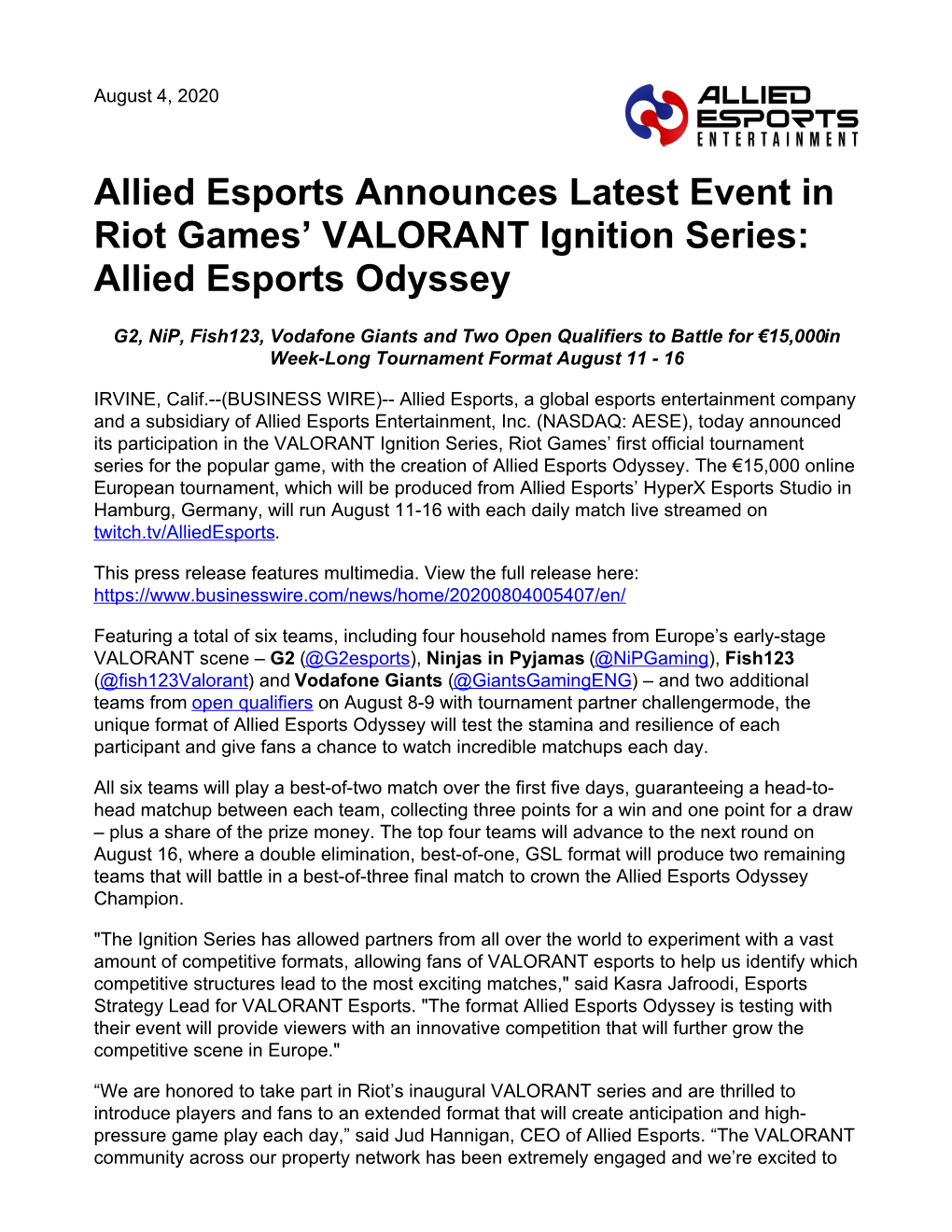 Allied Esports Announces Latest Event in Riot Games' VALORANT