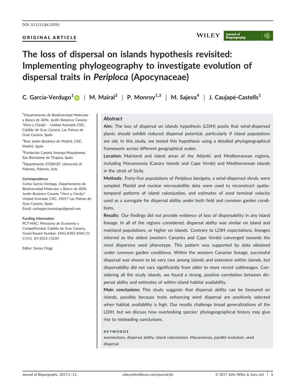 Implementing Phylogeography to Investigate Evolution of Dispersal Traits in Periploca (Apocynaceae)