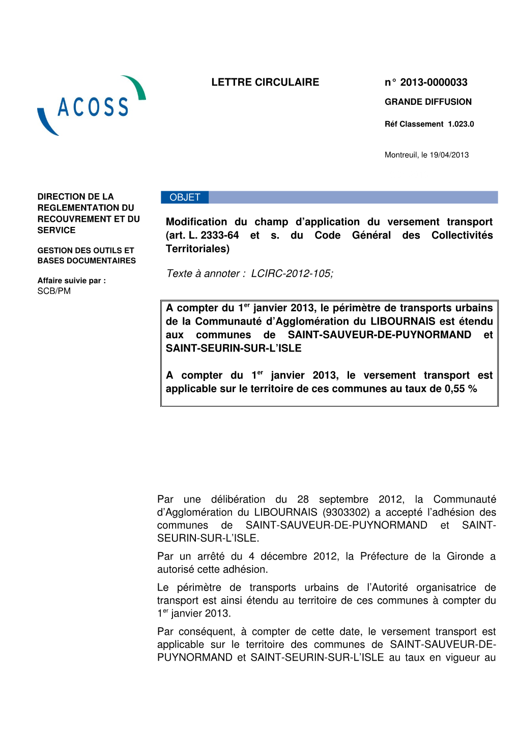 LETTRE CIRCULAIRE N° 20130000033 Modification Du Champ D'application Du Versement Transport