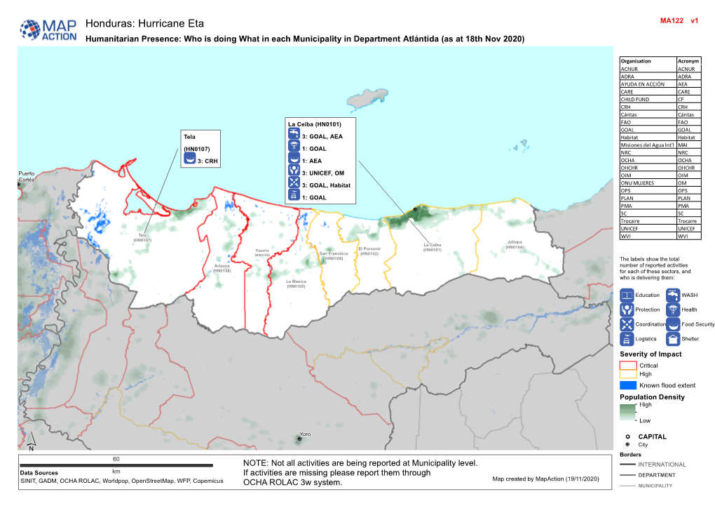 Hurricane Eta MA122 V1 Humanitarian Presence: Who Is Doing What in Each Municipality in Department Atlántida (As at 18Th Nov 2020)