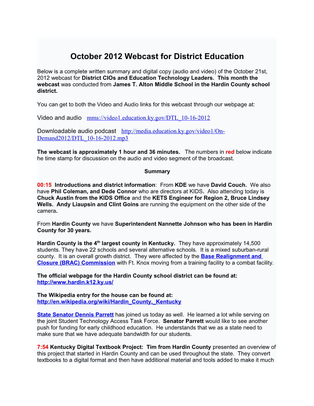 October 2012 Webcast for District Education