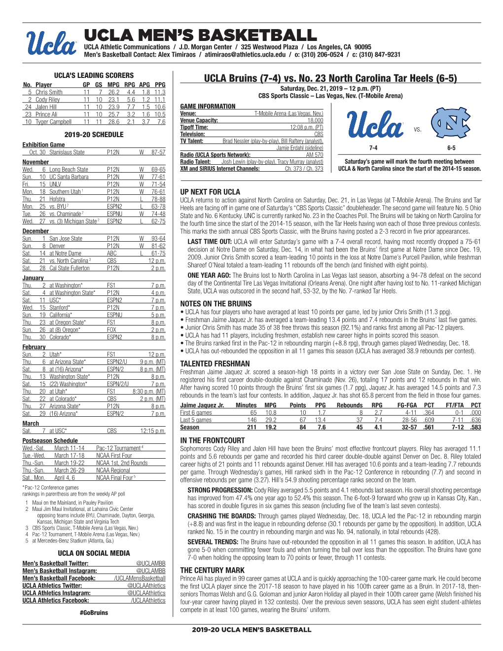 UCLA Men's Basketball UCLA’Sucla Season/Careerseason/CAREER Statistics (As of Dec 14, STATS 2019) 2019-20All Gamesroster