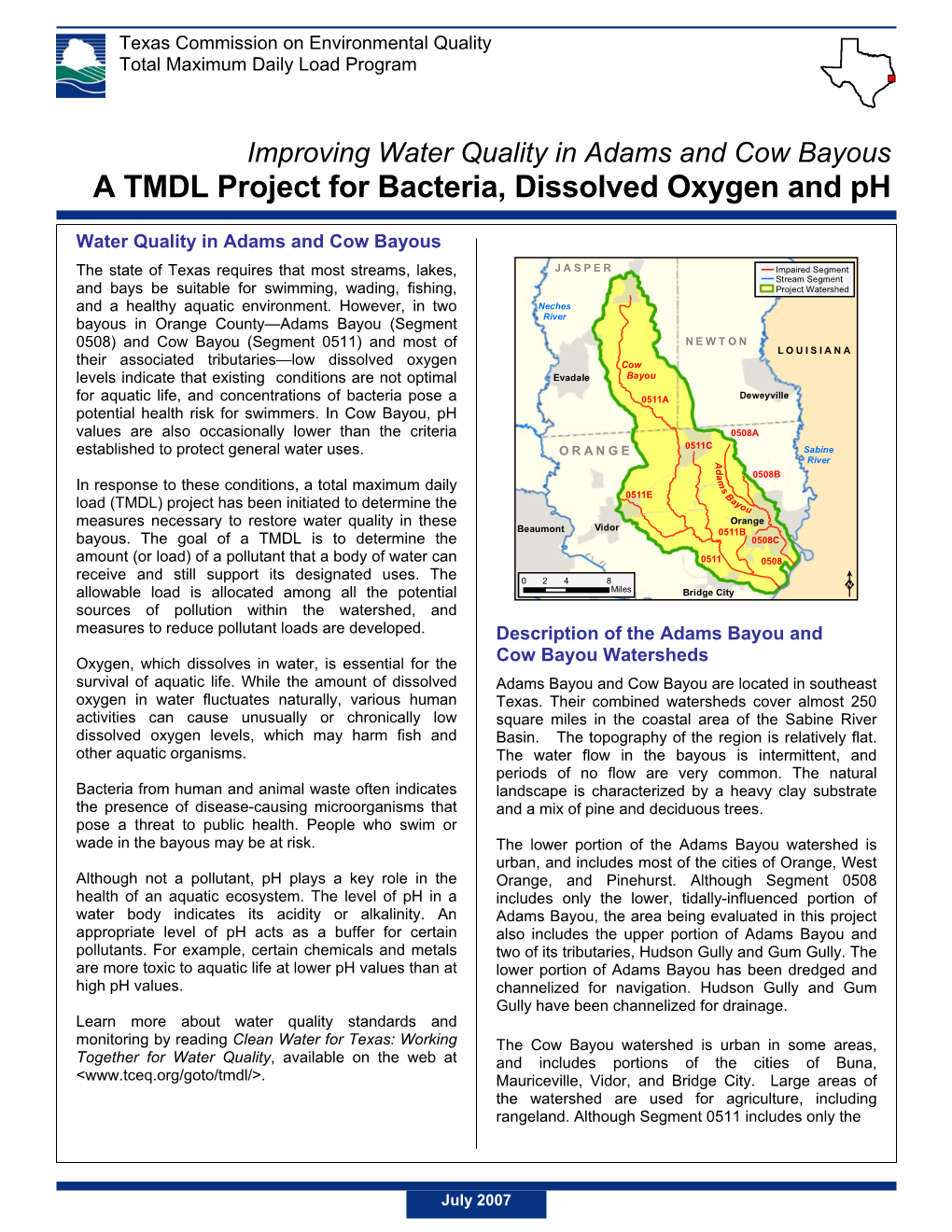 Improving Water Quality in Adams and Cow Bayous a TMDL Project for Bacteria, Dissolved Oxygen and Ph