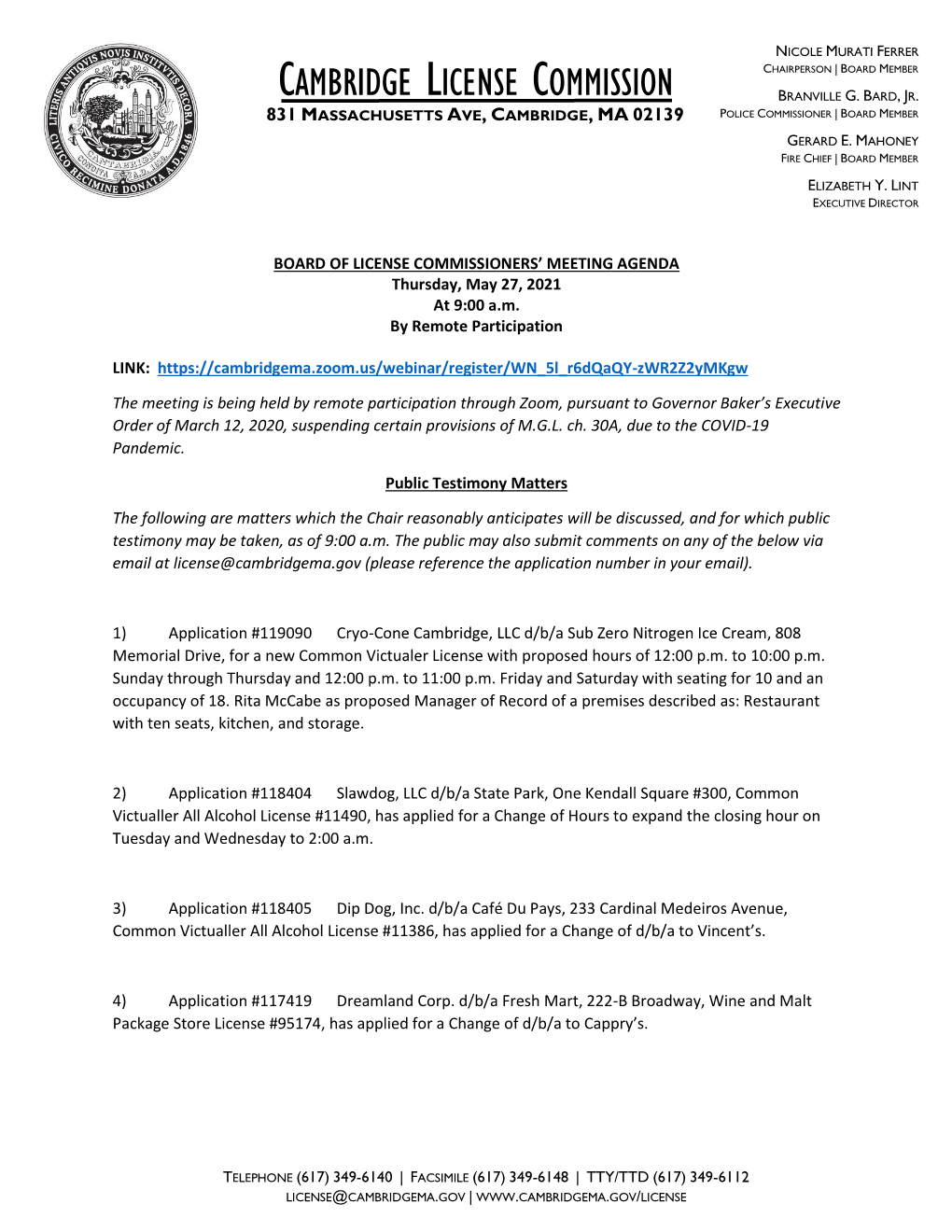 License Commission Meeting Agenda for May 27, 2021