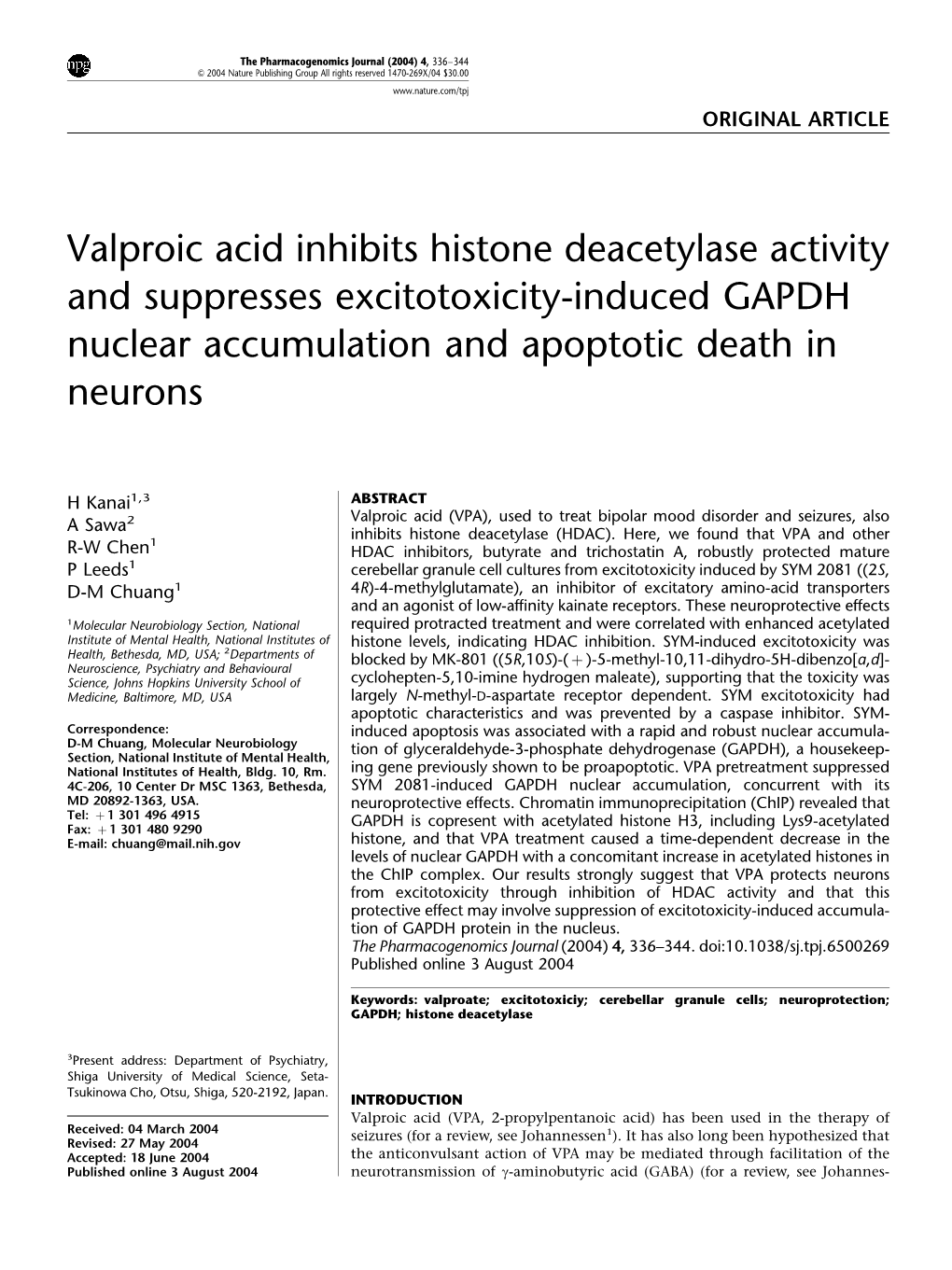 Valproic Acid Inhibits Histone Deacetylase Activity and Suppresses Excitotoxicity-Induced GAPDH Nuclear Accumulation and Apoptotic Death in Neurons
